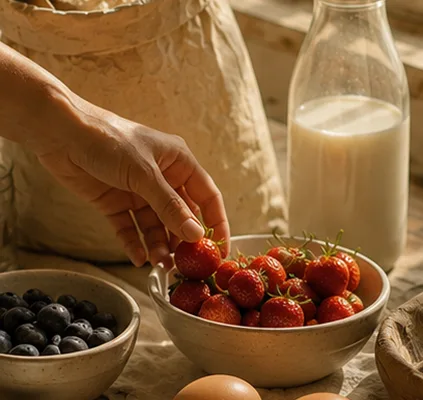 Fresh berries and milk prepared for baking
