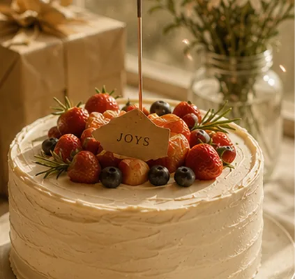 Celebration cake decorated with fruit